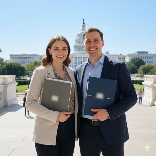 Профессионал, держащий паспорт, символизирующий международные документы.