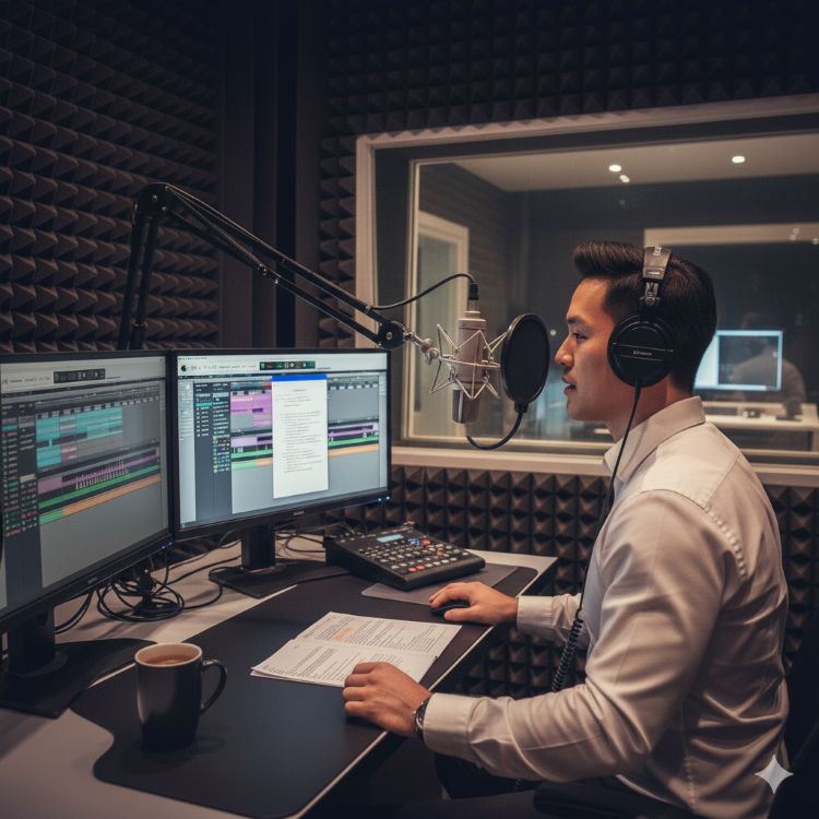 A professional recording a voice-over in a studio with a microphone and headphones.
