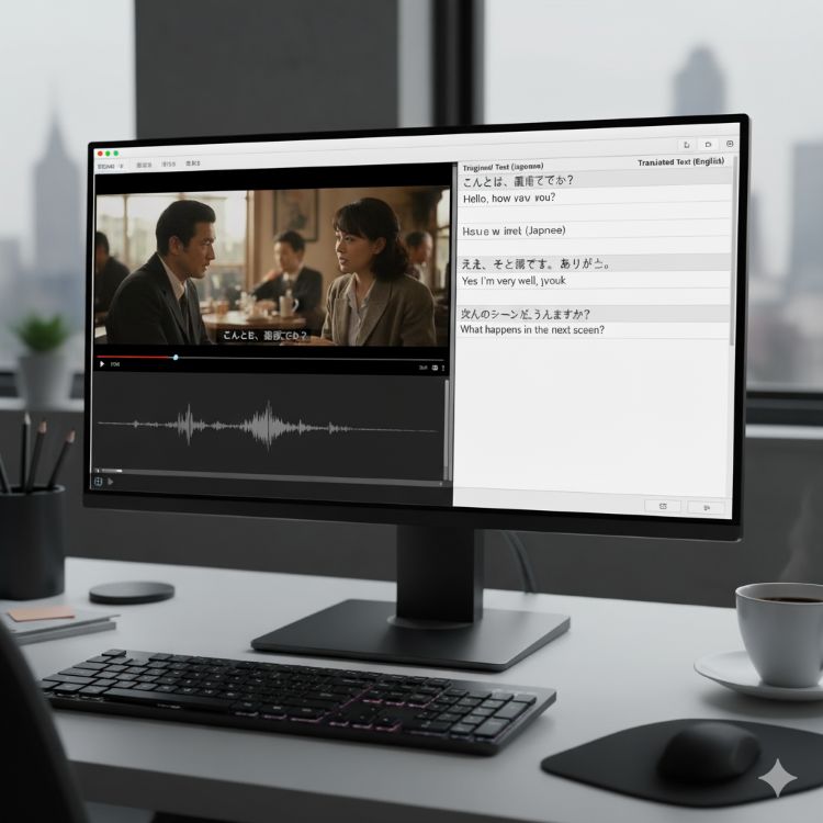 A creative professional editing video with subtitles on a computer.