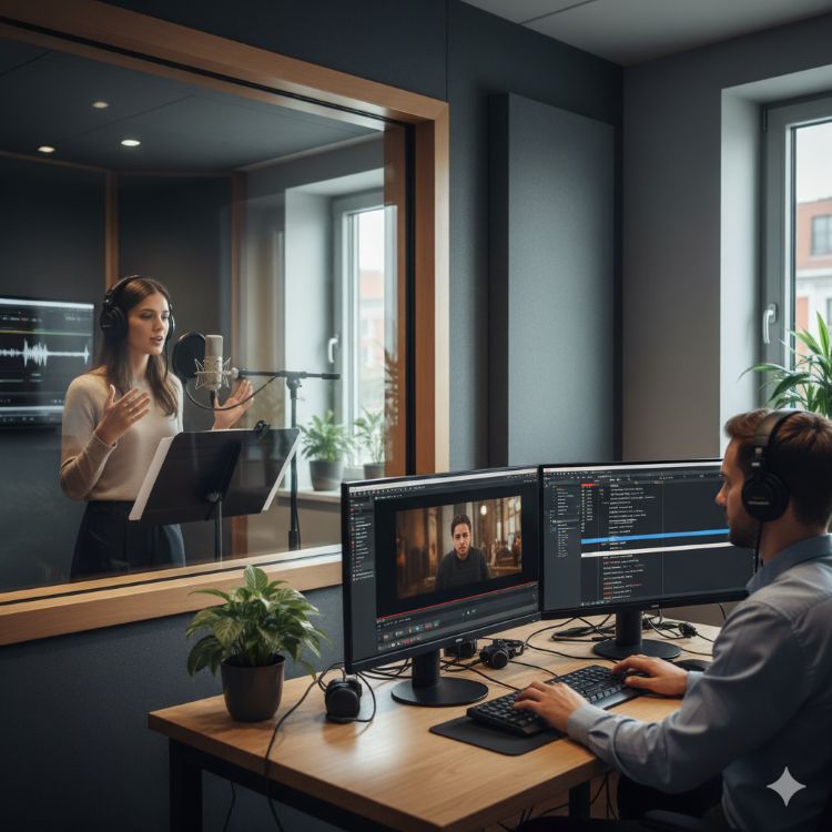 A professional recording a voice-over in a studio.