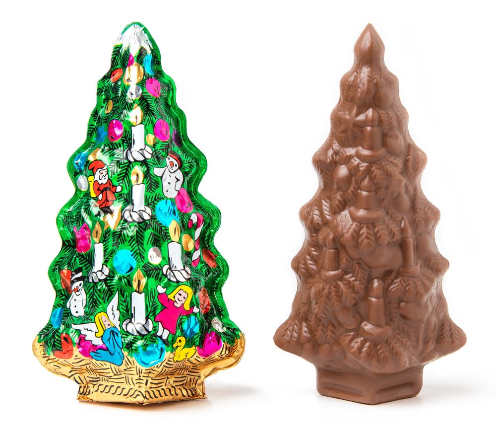 Foil-wrapped semi-solid Christmas tree in displayer