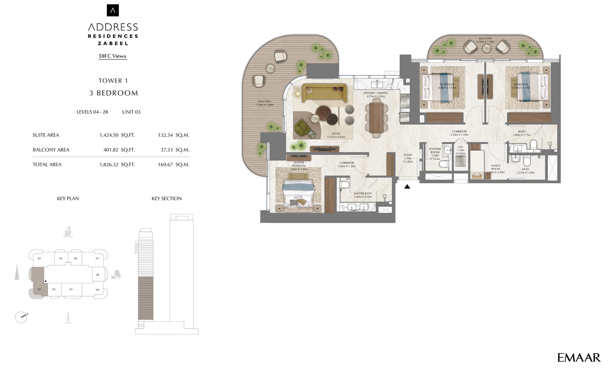 3 BR Apartment floor plan