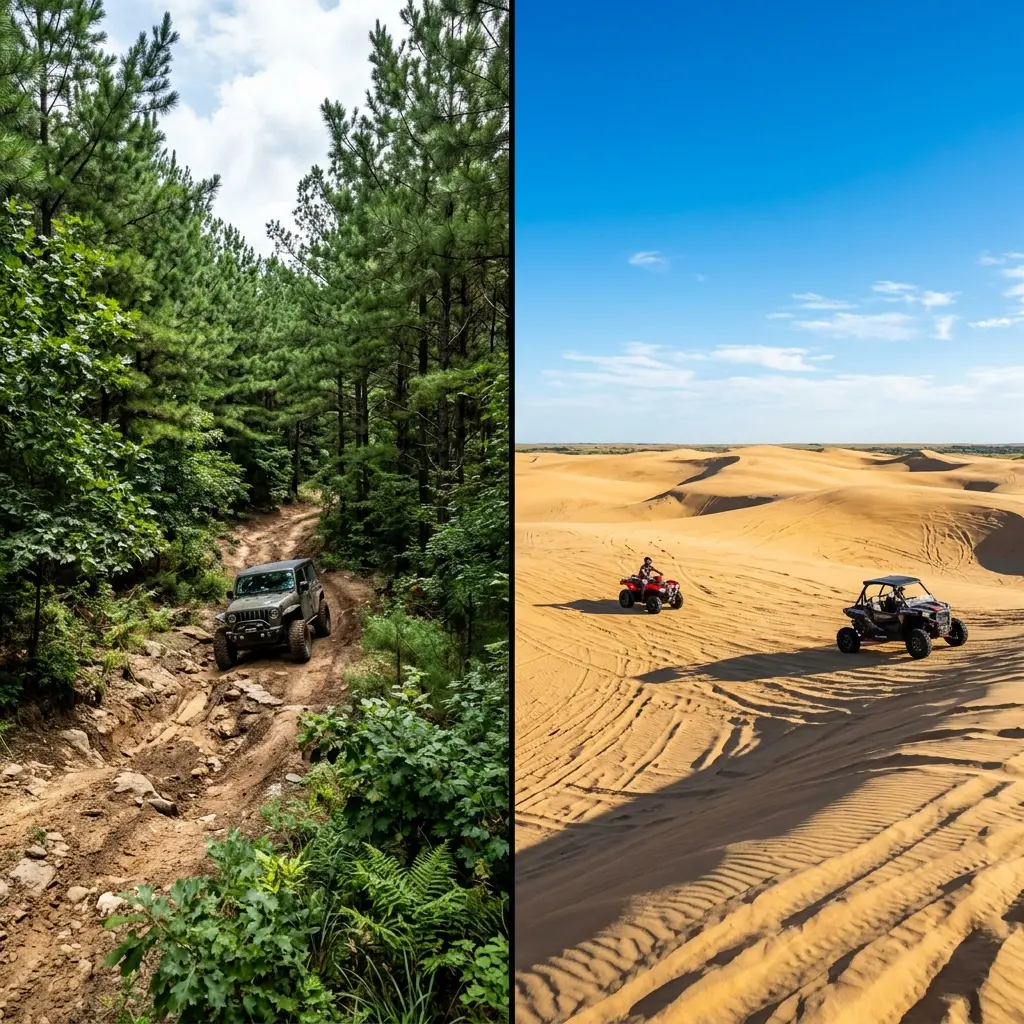Split screen comparing Broken Bow forest trails to Little Sahara sand dunes