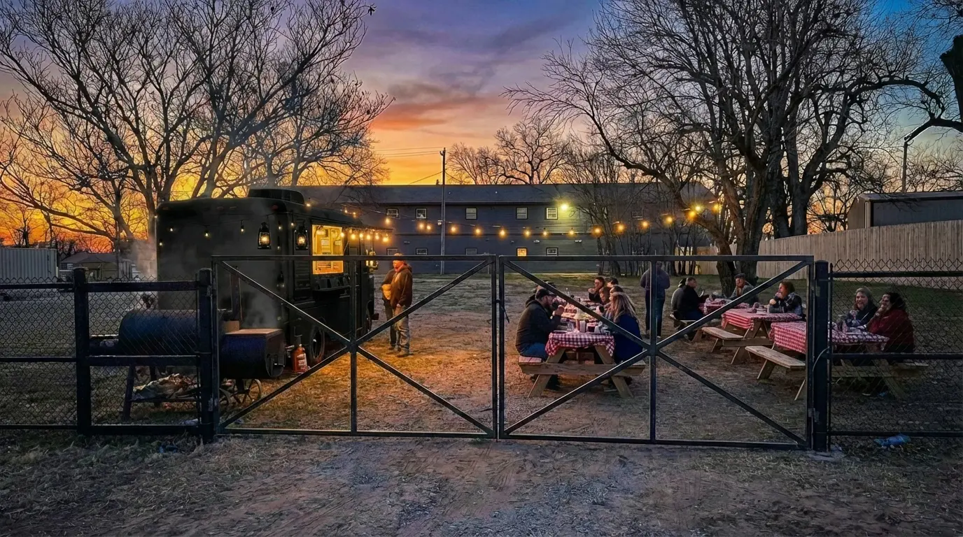Private group enjoying a food truck and BBQ cookout with picnic tables and string lights in the gated lot behind a partner lodge in Waynoka, OK.