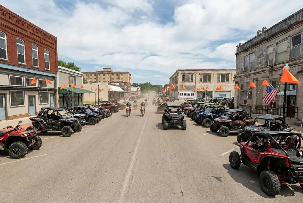 Polaris RZRs driving down historic Main Street in Waynoka, OK, demonstrating the town's street-legal UTV laws.
