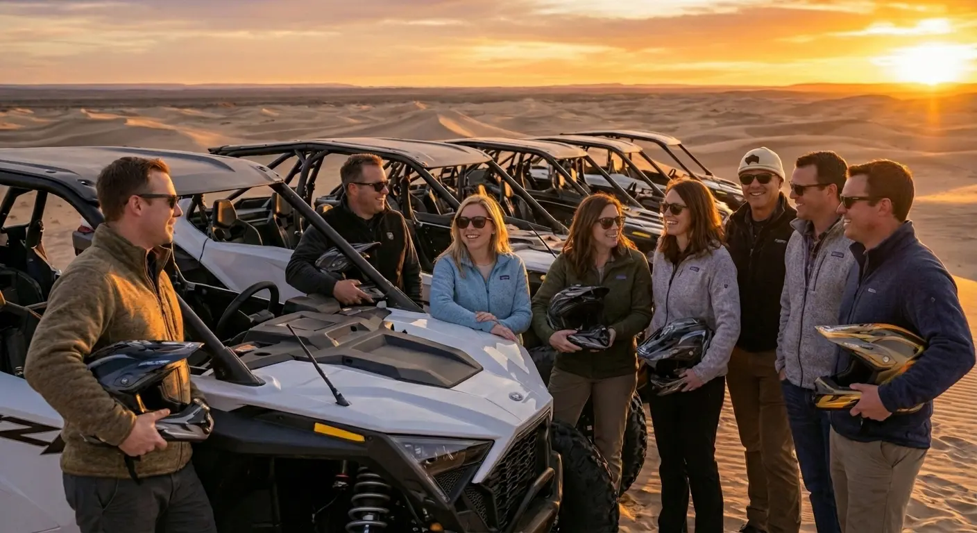 Corporate group retreat standing with white Polaris RZR rentals at sunset in Little Sahara State Park.