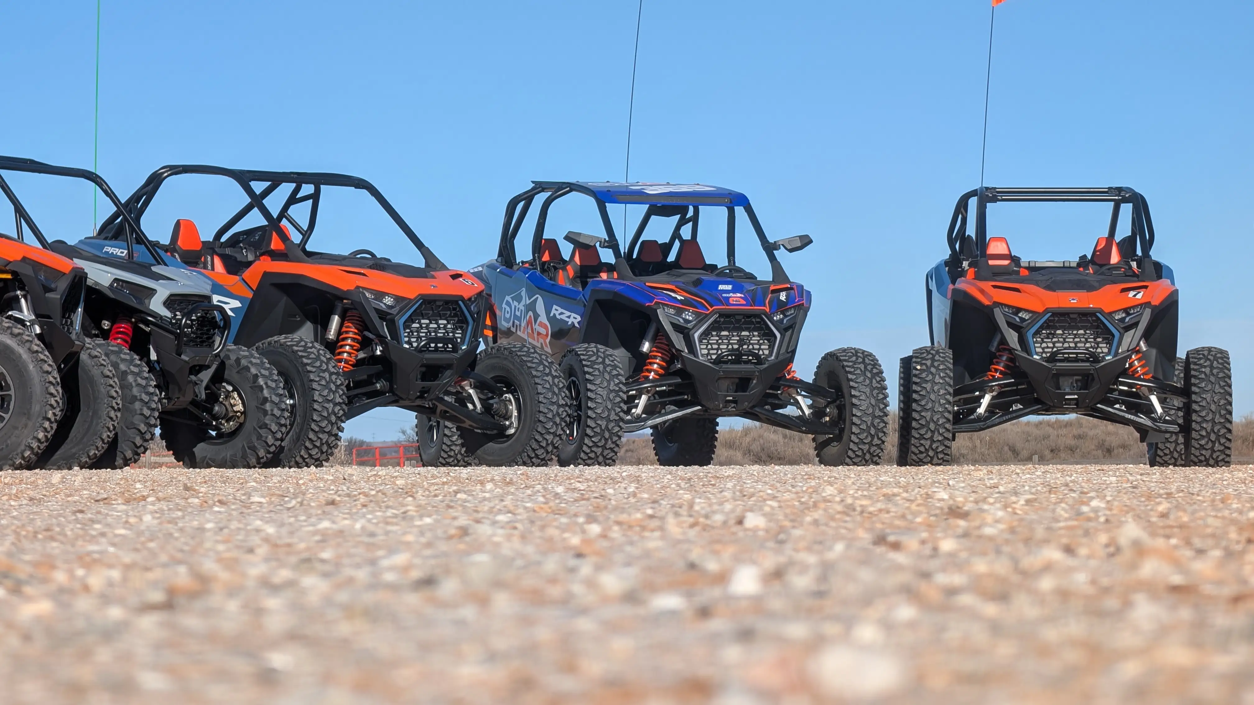 Lineup of 2025 Polaris RZR Pro R rental machines at Duners Hut, ready for the Waynoka Rattlesnake Hunt.