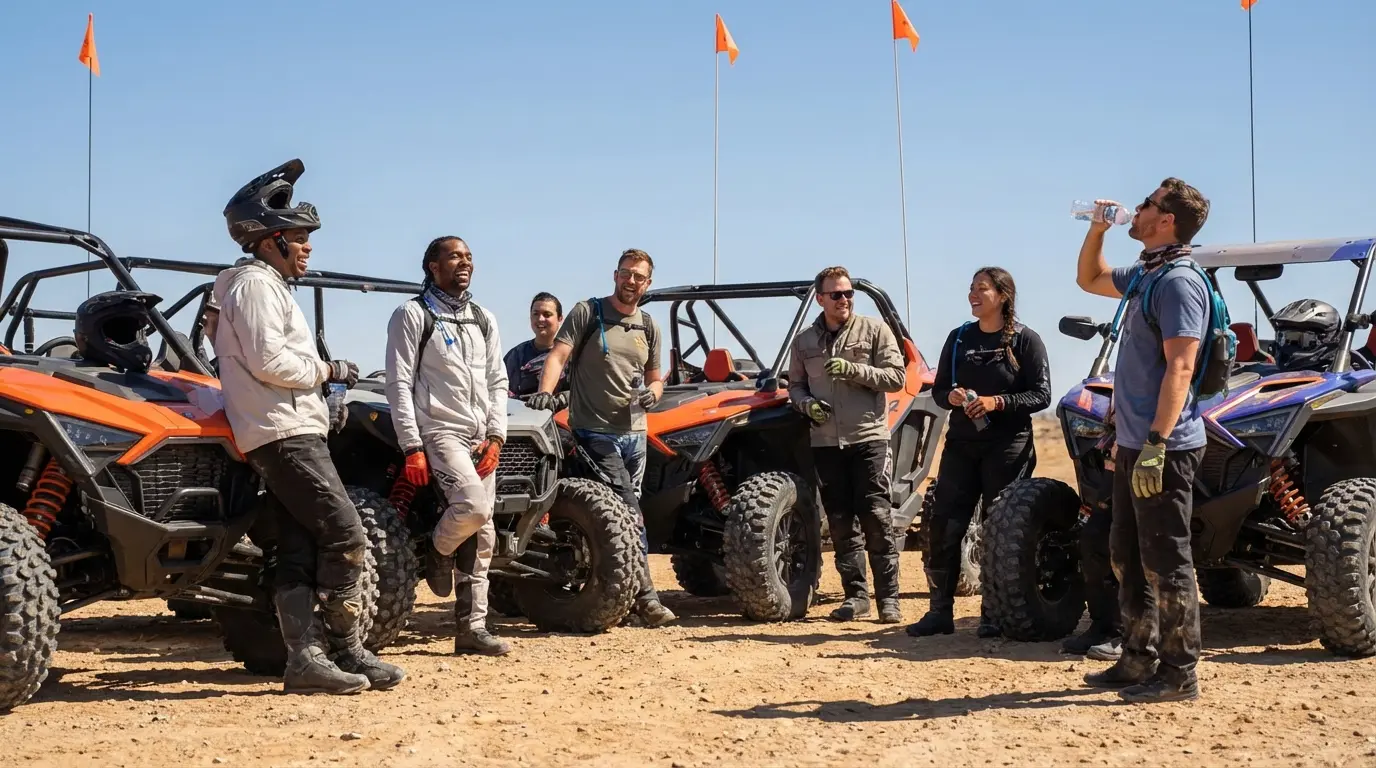 A group of friends laughing and drinking water next to their Polaris RZR rentals during a day trip to Little Sahara State Park from Wichita, KS.