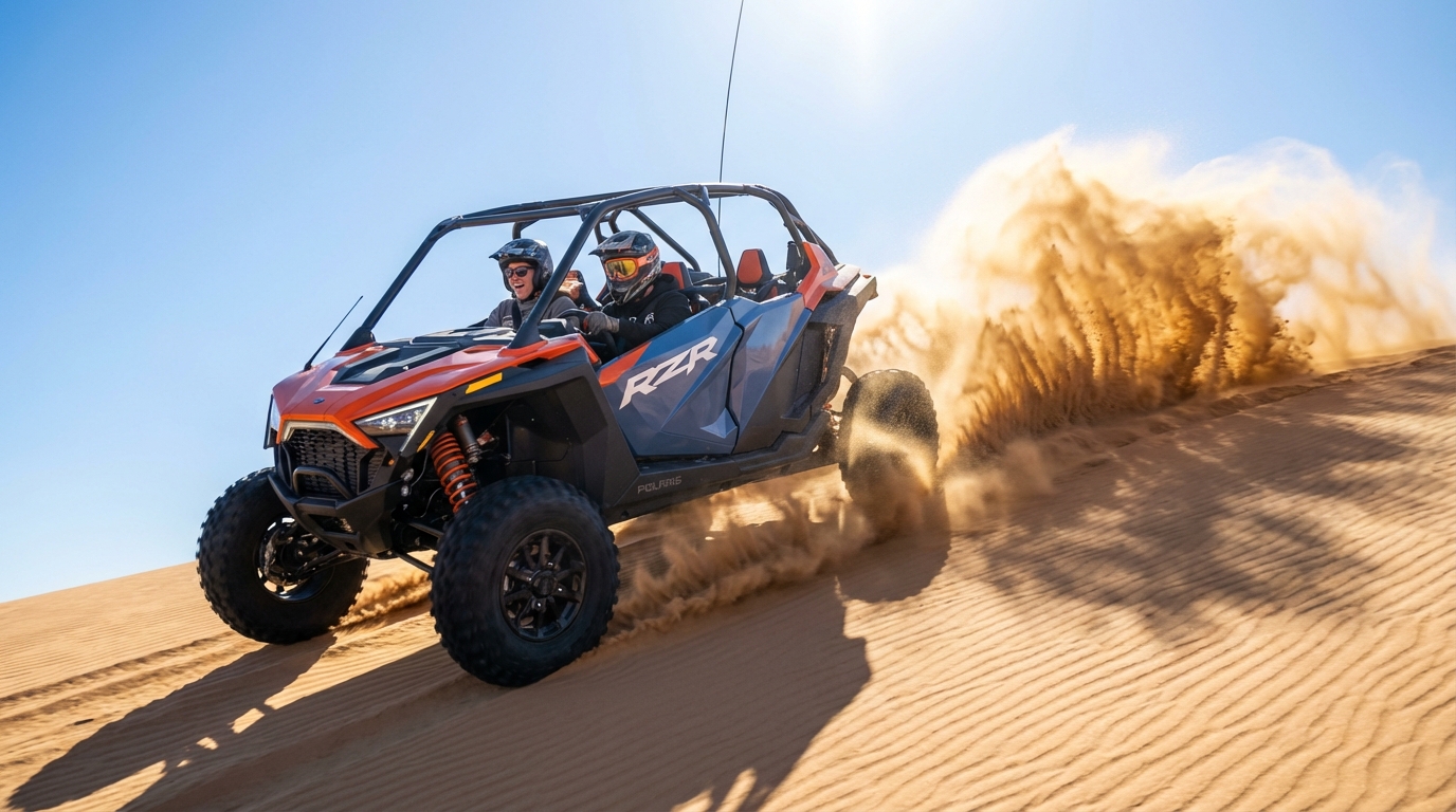 Polaris RZR carving sand dunes at Little Sahara