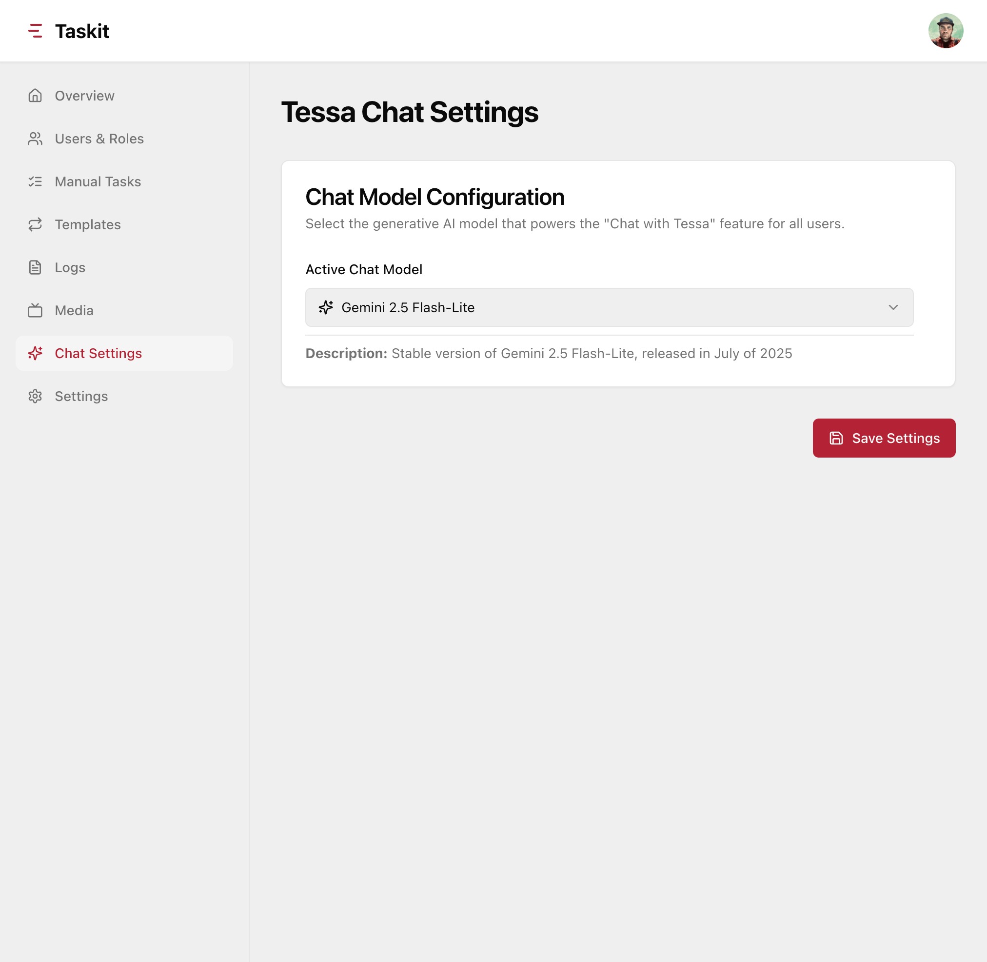 AI Chat Admin Model Selection