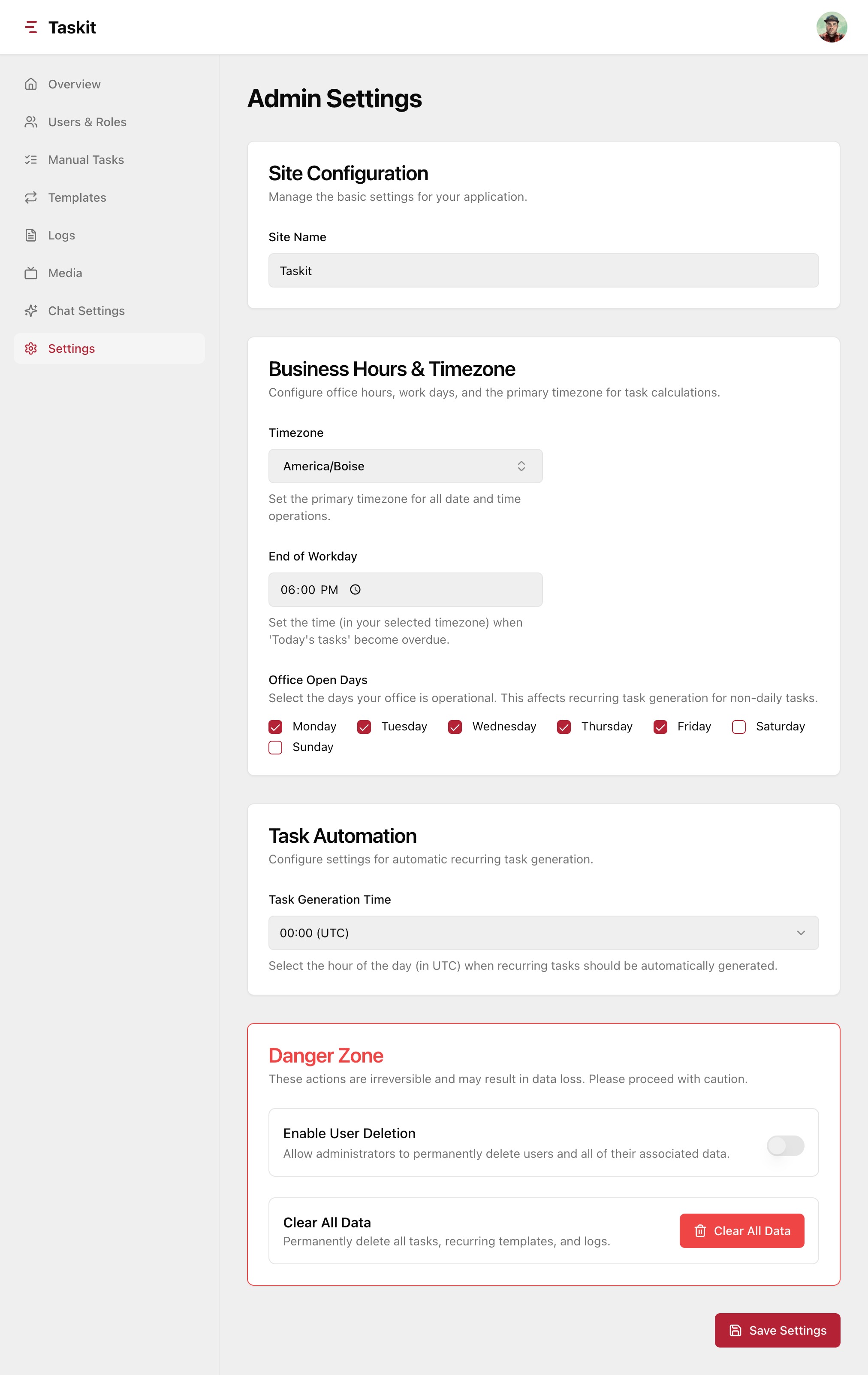 Global Admin Settings Page