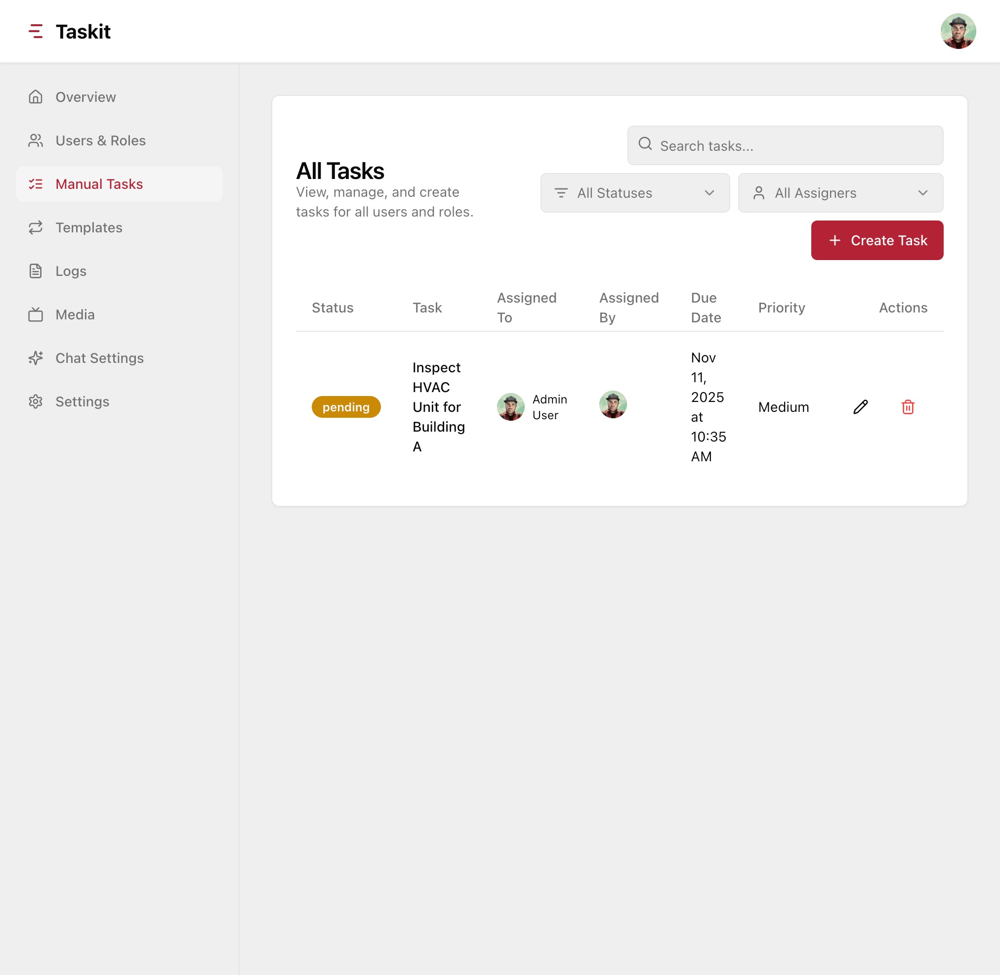 Admin page of all tasks
