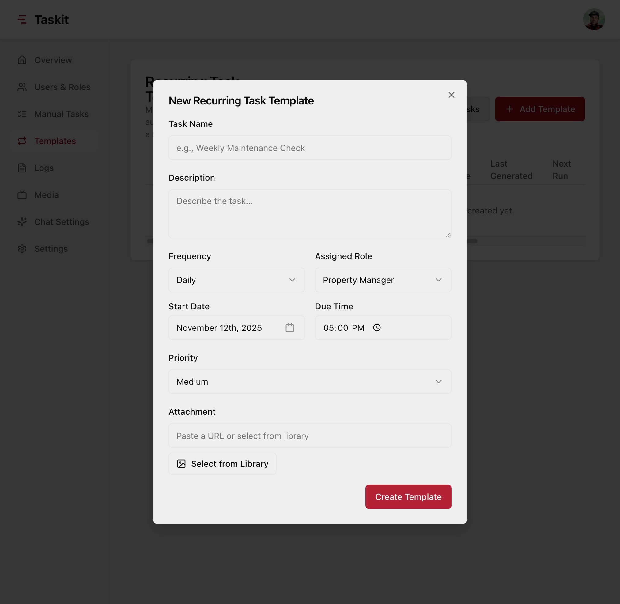 Task Template Recurring Task Modal