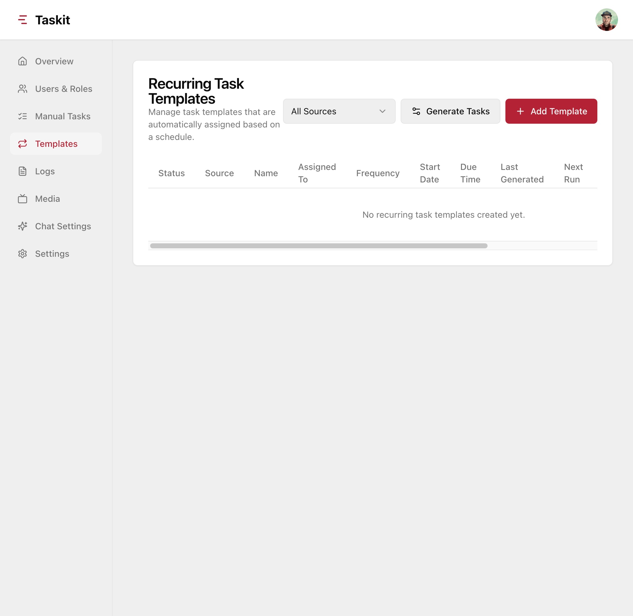 Recurring Task Templates Page