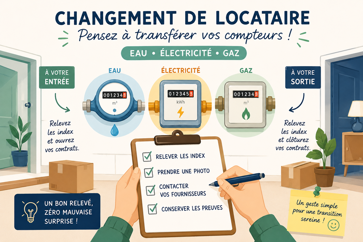 Changement de locataire : que faire pour l’eau, le gaz et l’électricité ? 💧⚡🔥 