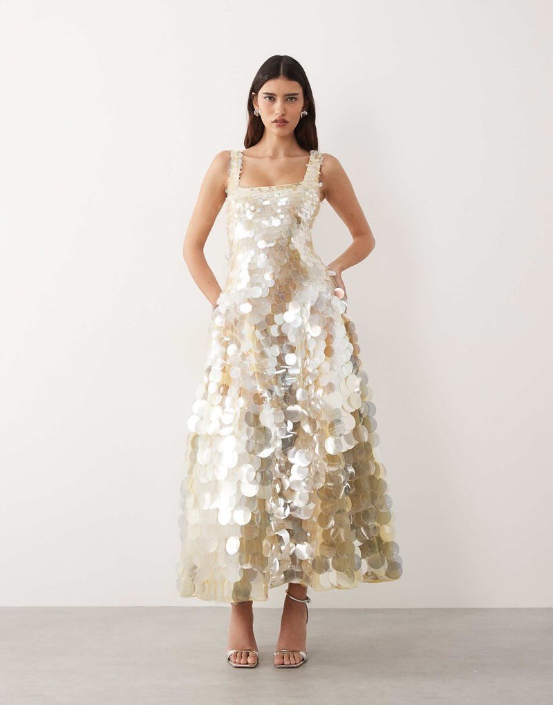 ASOS Arrange Embellished Disc Sequin Square Neck Full Skirt Midi Dress