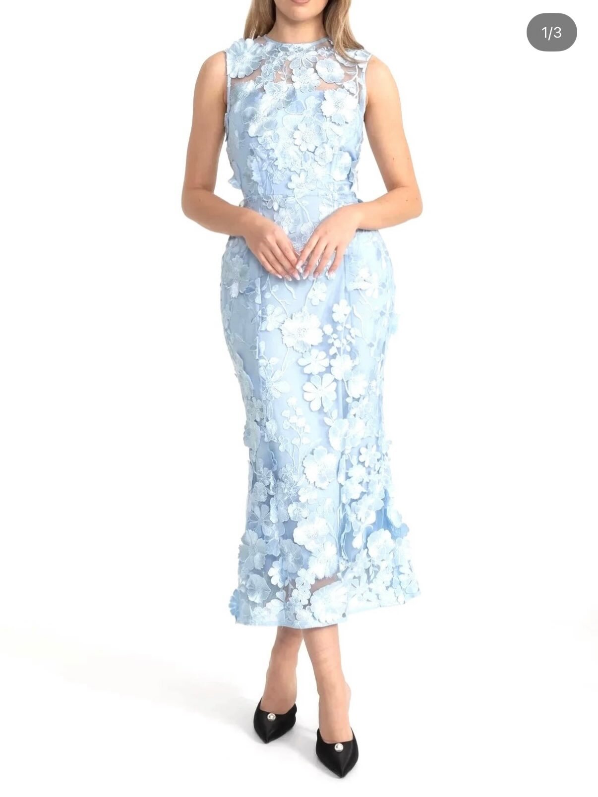 Light Blue Floral Applique Midi Dress