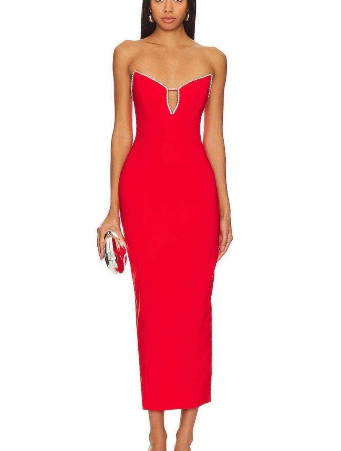 Red Strapless Midi Dress