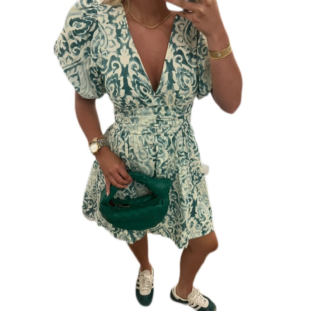 Teal and White Patterned Mini Dress
