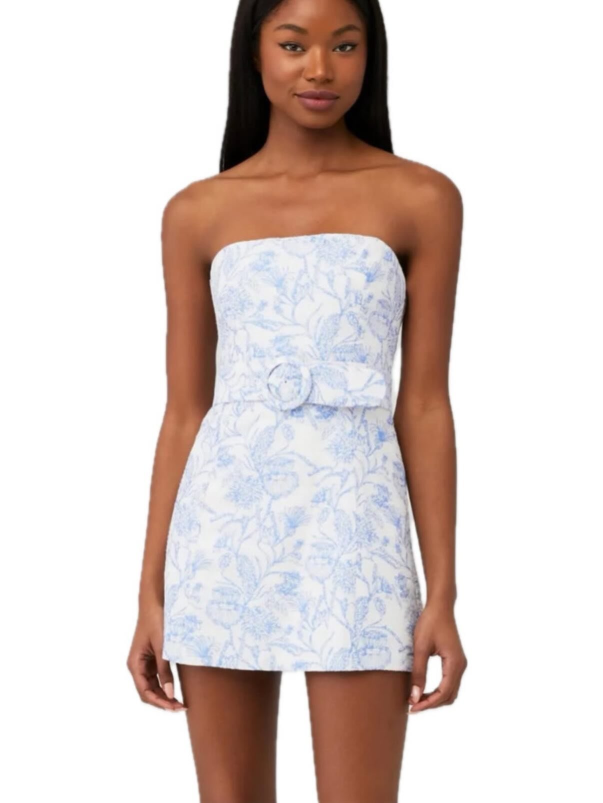Blue and White Floral Strapless Mini Dress