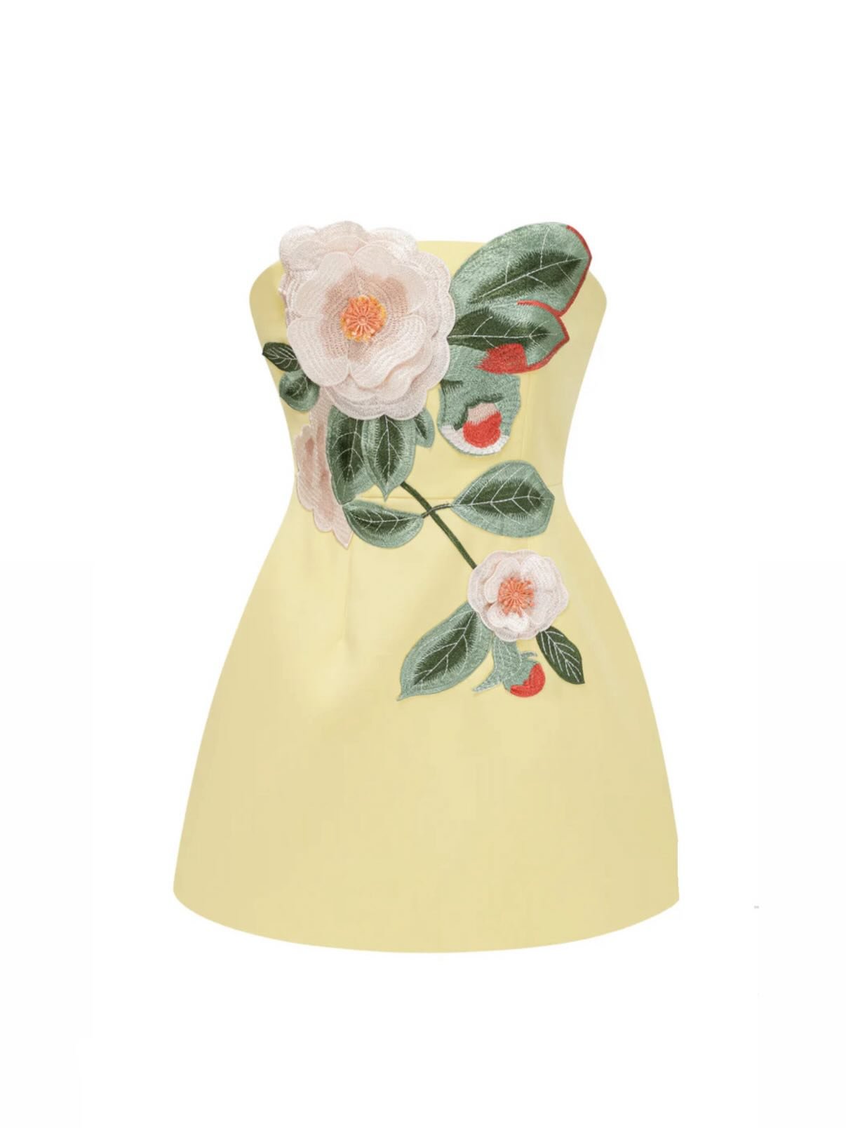 Yellow Strapless Mini Dress with 3D Flowers