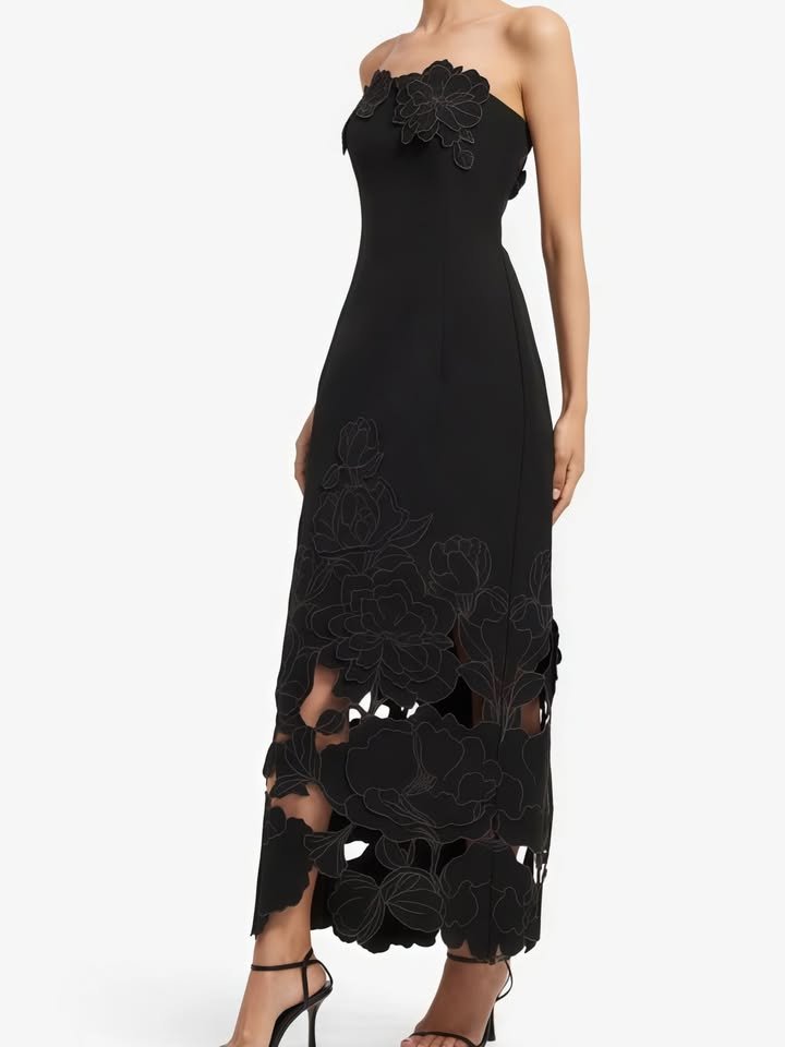 Black Floral Strapless Midi Dress