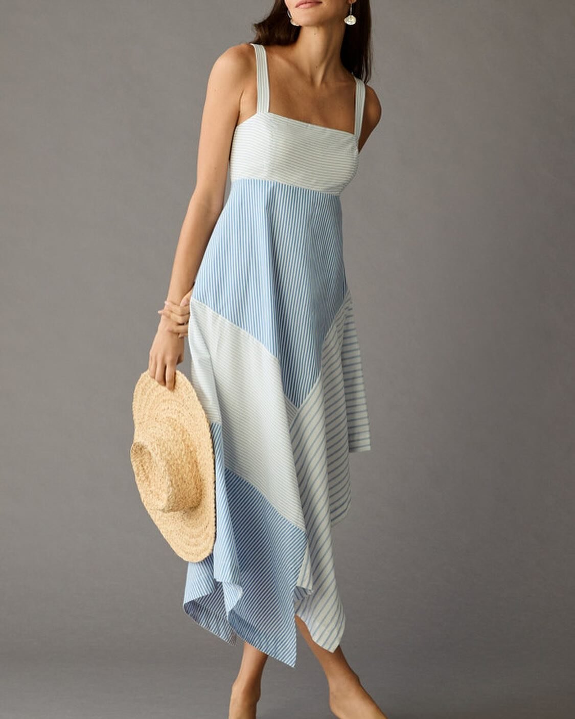 Anthropologie Blue and White Striped Asymmetrical Midi Dress
