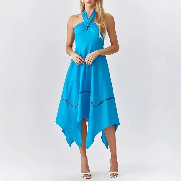 Adelyn Rae Blue Halter Handkerchief Hem Midi Dress