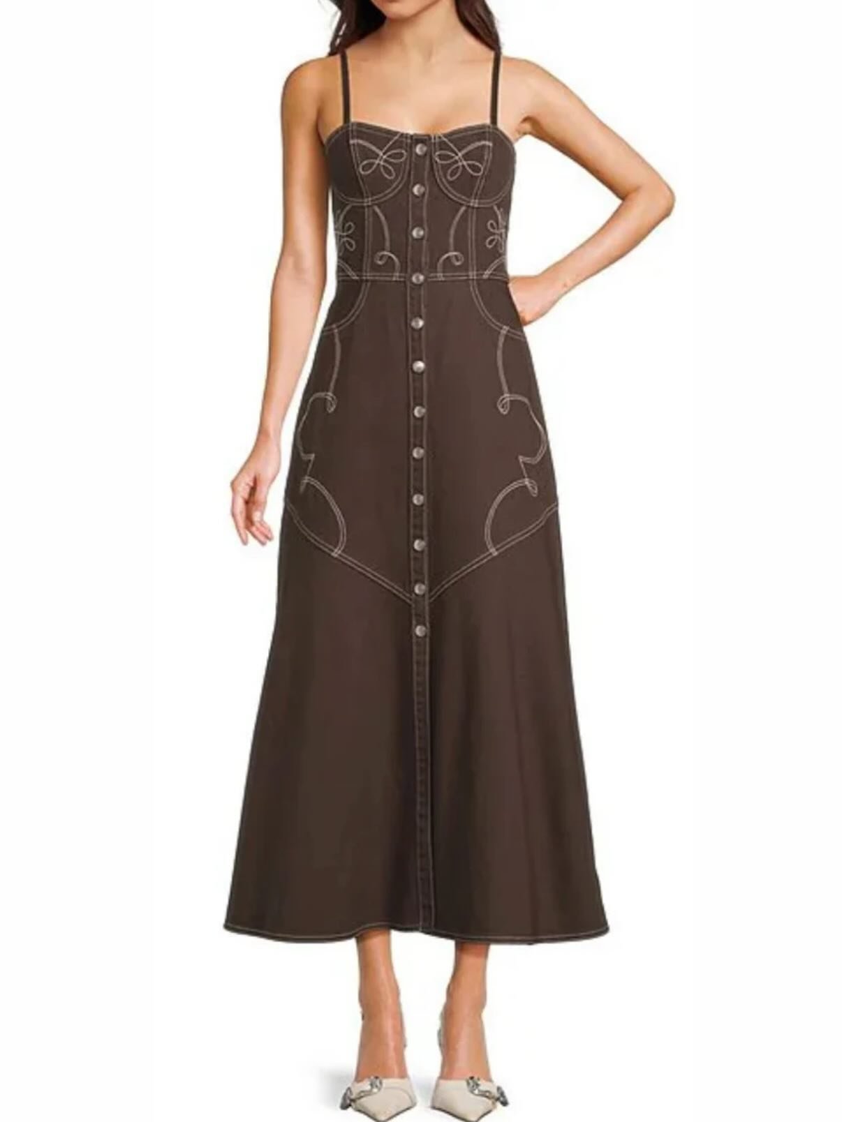 Gianna Bini Brown Button-Front Midi Dress with White Stitching