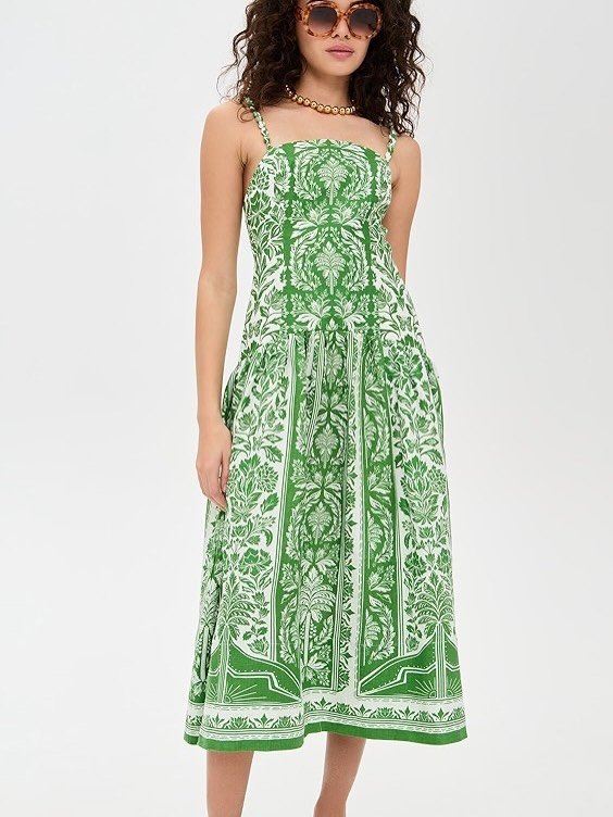 Farm Rio Green and White Botanical Midi Dress