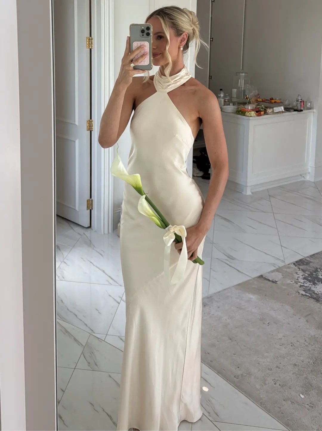Hana Silk Halter Neck Maxi Dress in Champagne