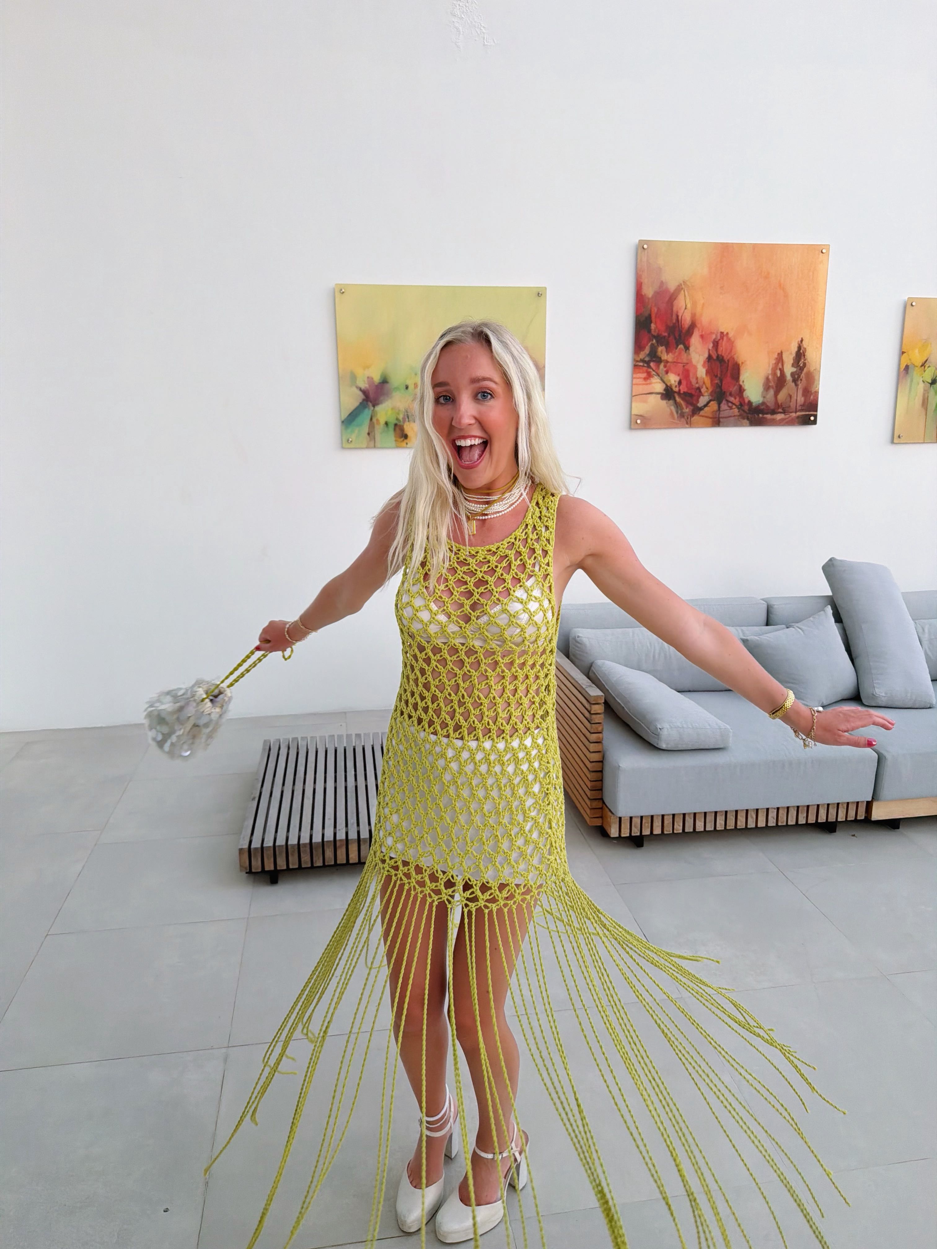 Green fringe crochet dress
