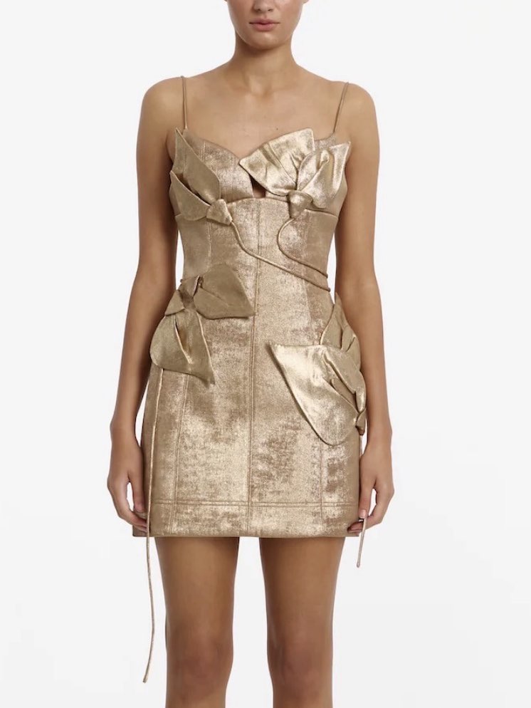 NWT!!! Gold Metallic Mini Dress with Floral Appliques