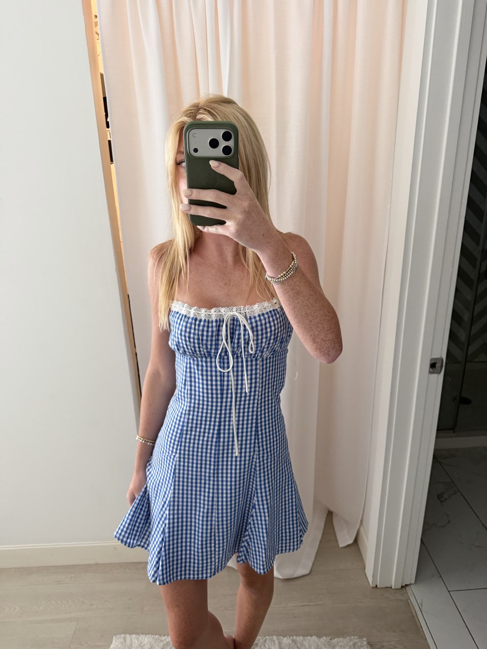 Blue Gingham Mini Dress with Lace Trim