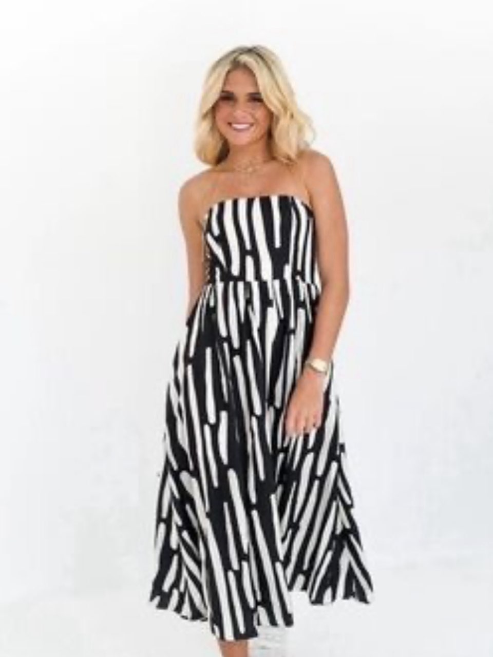 Black and White Abstract Stripe Strapless Midi Dress