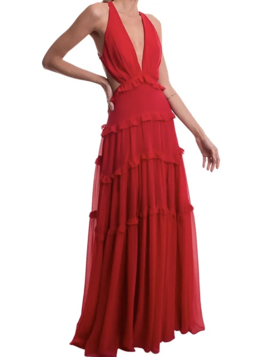 Red Ruffled Halter Maxi Dress