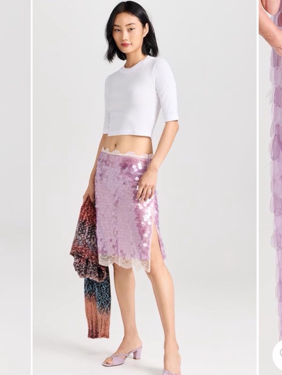Lavender Sequin Lace-Trim Midi Skirt