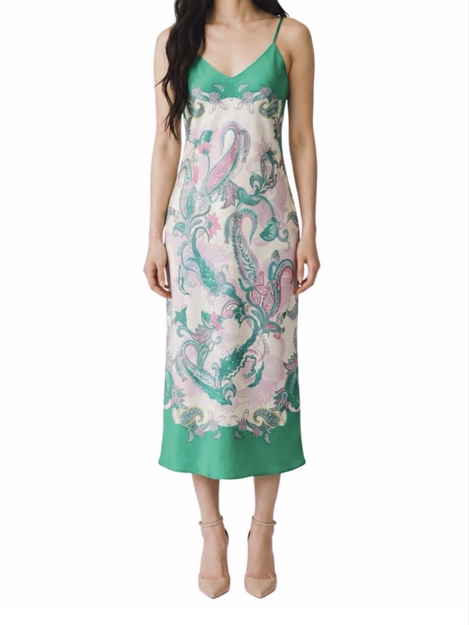 Harper Satin Printed V-Neck Sleeveless Slip Midi Dress