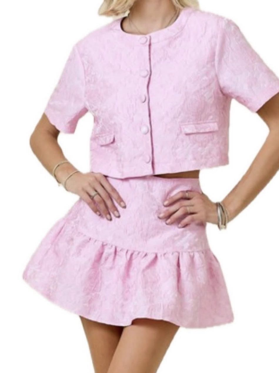 Pink Brocade Crop Jacket and Skirt Set