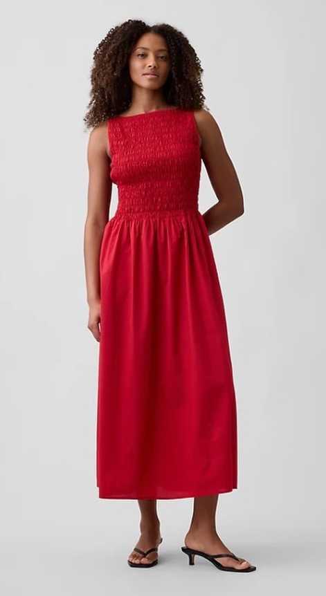 Red Smocked Midi Dress