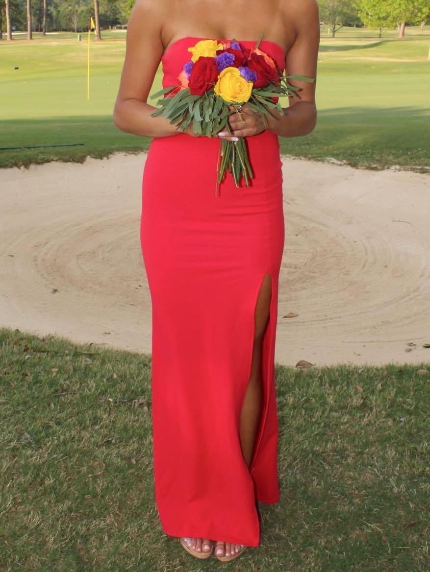 Red strapless maxi dress, small.