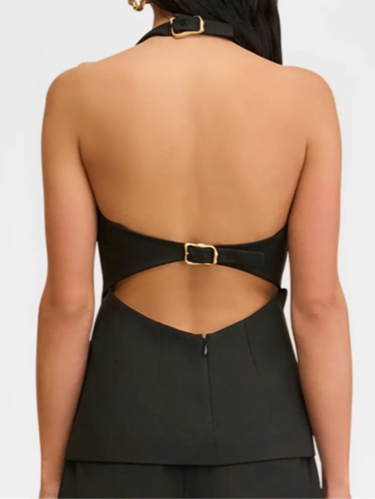 Black Halter Button-Front Top