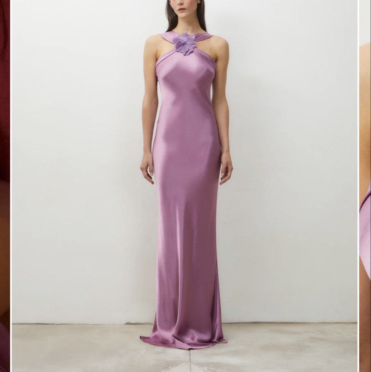 Redondo Brand Satin Halter Maxi Dress with Floral Detail