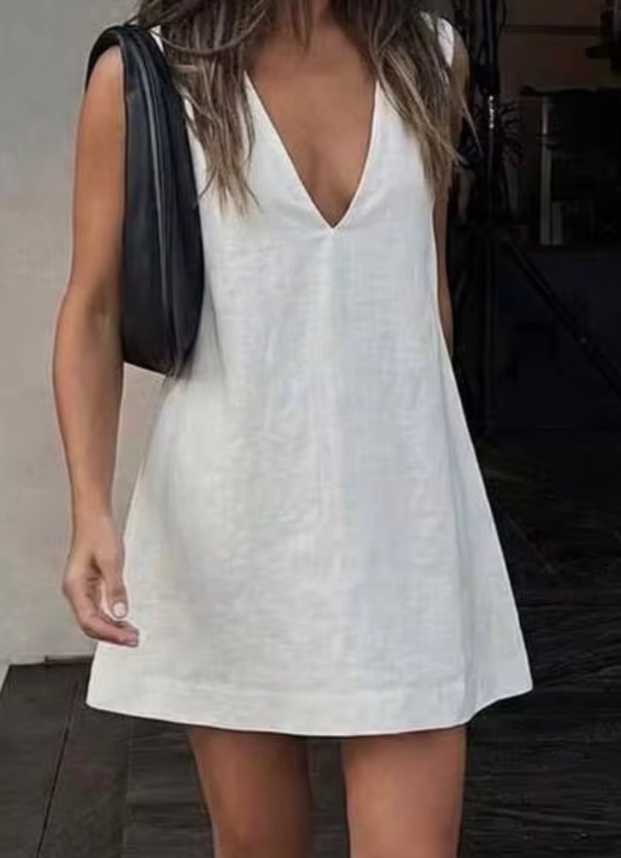White Linen Blend Mini Dress