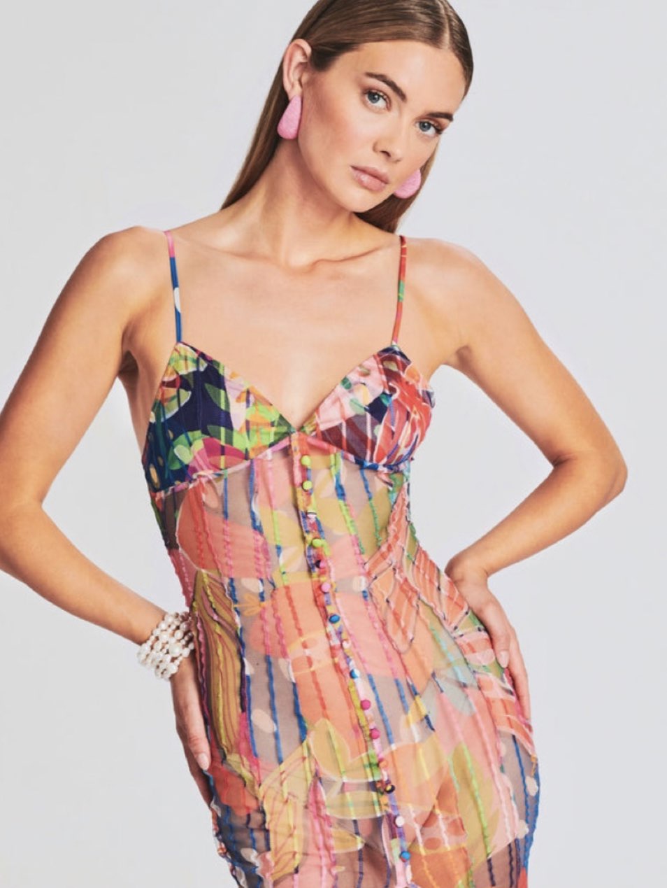 Multicolor Printed Mesh Maxi Dress