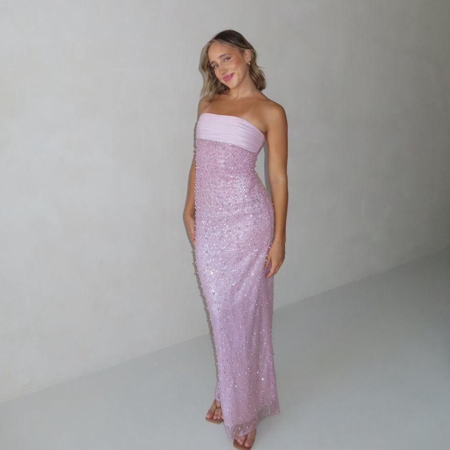 Miss circle Lainey Purple Satin Sequin Pearl Beaded Dress
