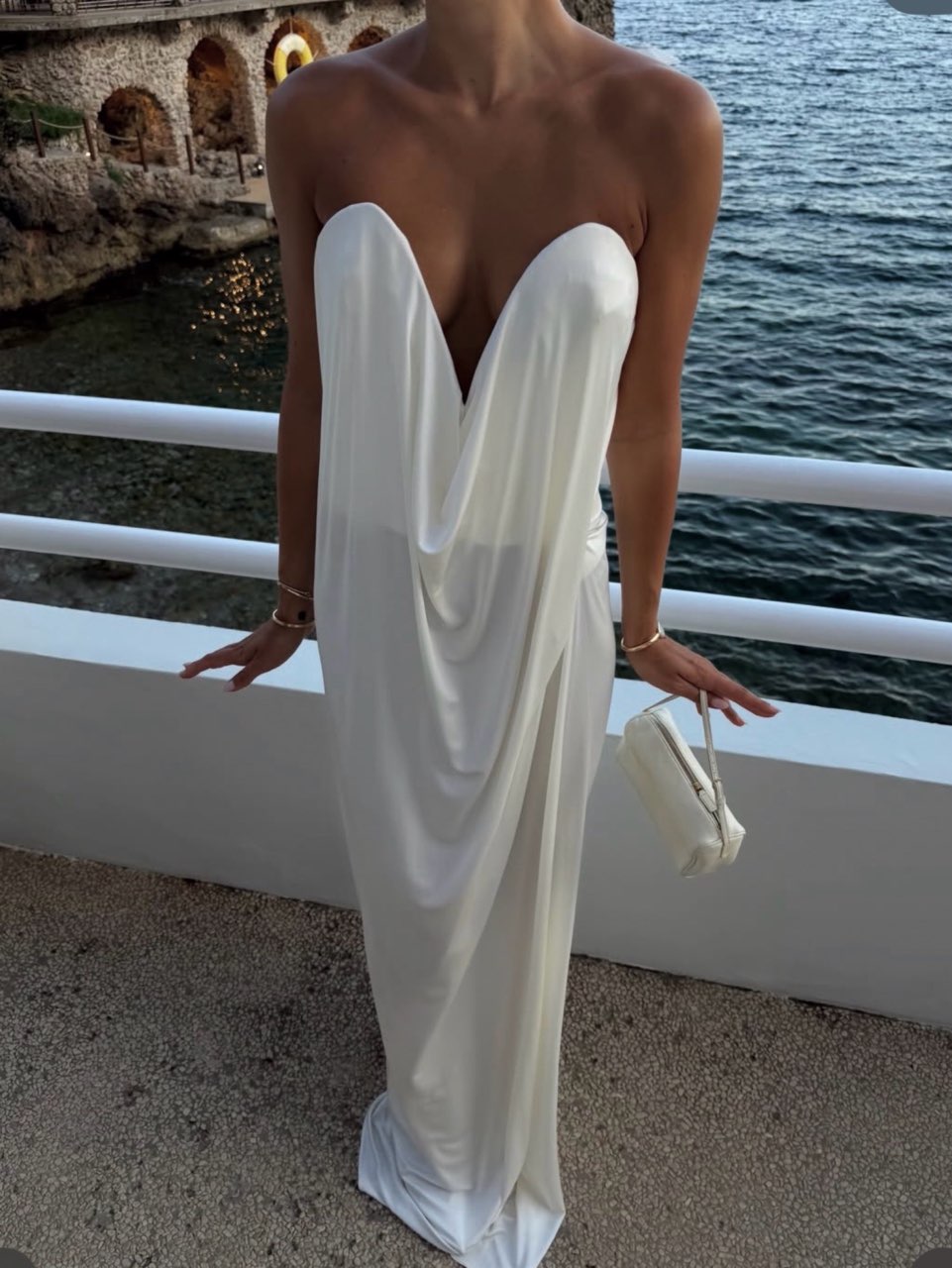 White Strapless Draped Maxi Dress