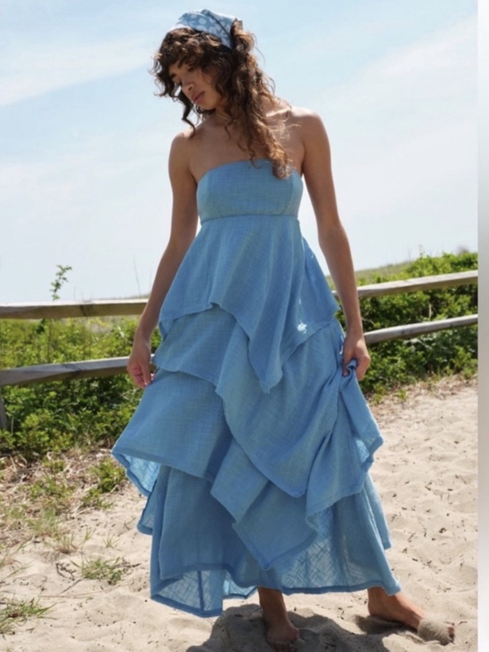Seraina blue strapless tie back layered maxi dress