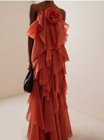 Coral Ruffled Strapless Maxi Dress