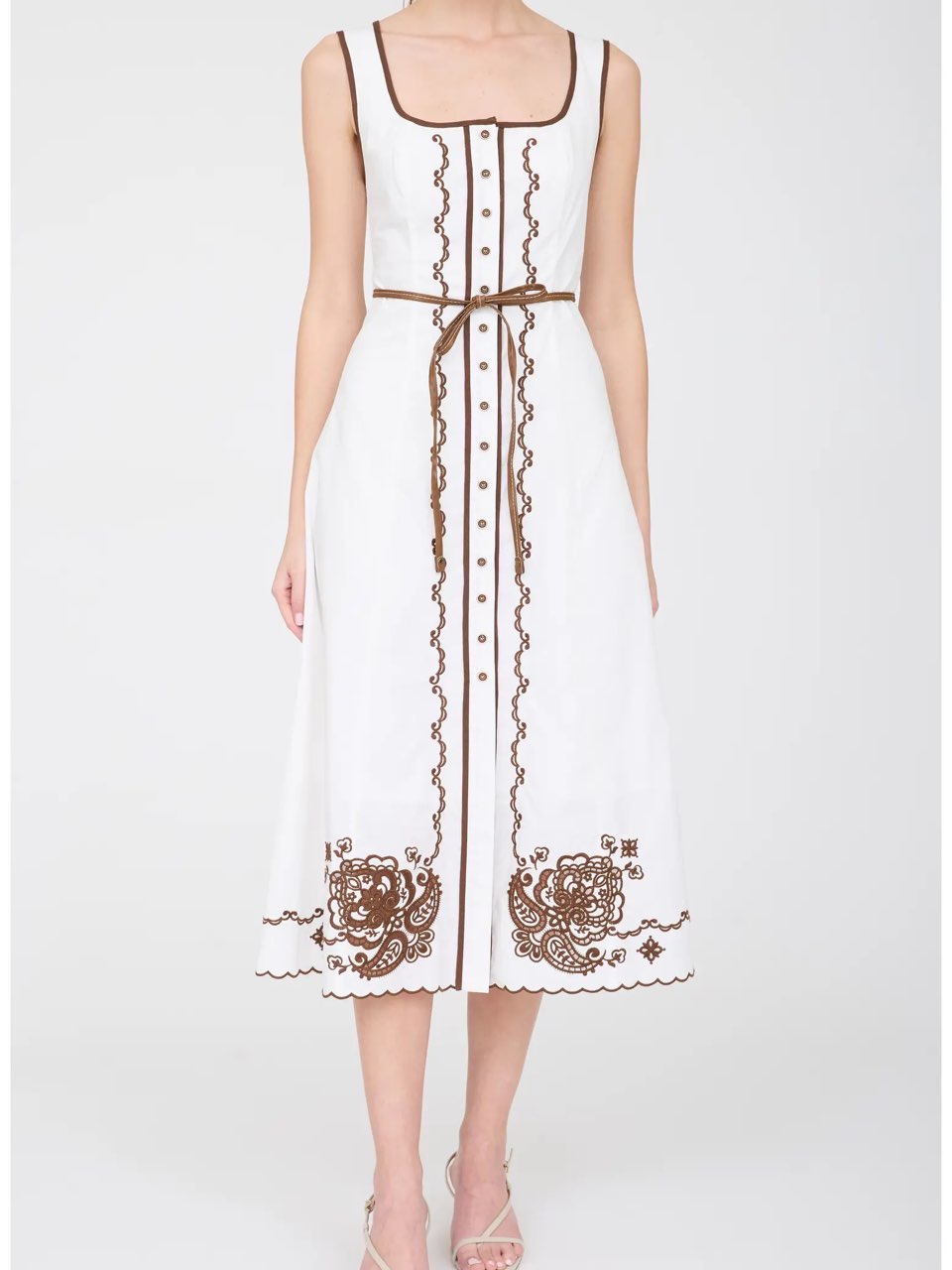Floral Embroidered Belted Cotton Midi Dress
